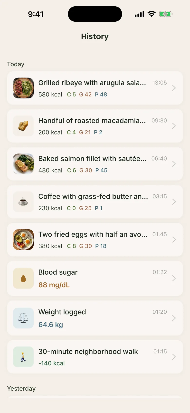 KetoLuna history of past days with food, walks, and weight entries