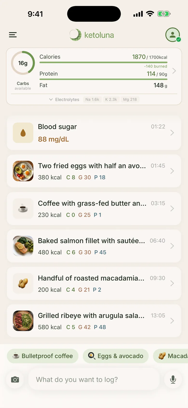 KetoLuna home screen showing today's keto log, net carb ring, and meal photos