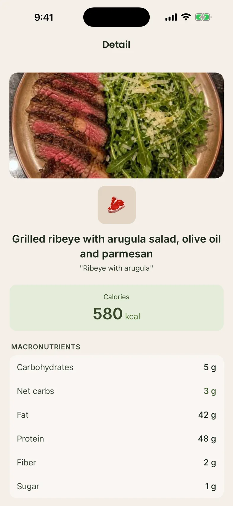 Ribeye steak logged with calories, net carbs, fat and protein ready to confirm